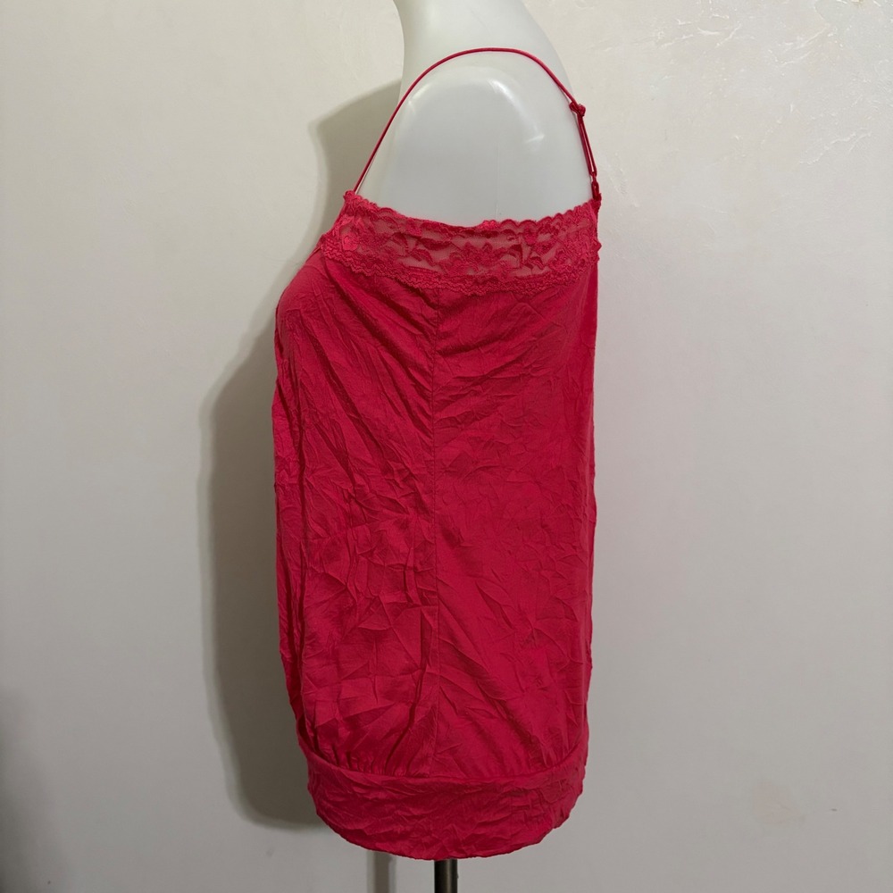 One Step Up Y2K Camisole Large Pink Lace Trim Crinkle Button Front Boho Tank Top - Picture 3 of 7